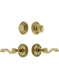 Grandeur Georgetown Entry Door Set, Keyed Alike with Portofino Levers Left Handed in Antique Brass.